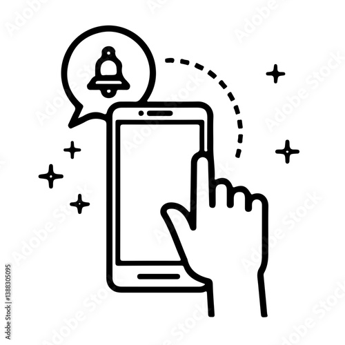 Minimalist icon of hand tapping on smartphone screen with notification bubble symbolizing mobile app interaction and communication