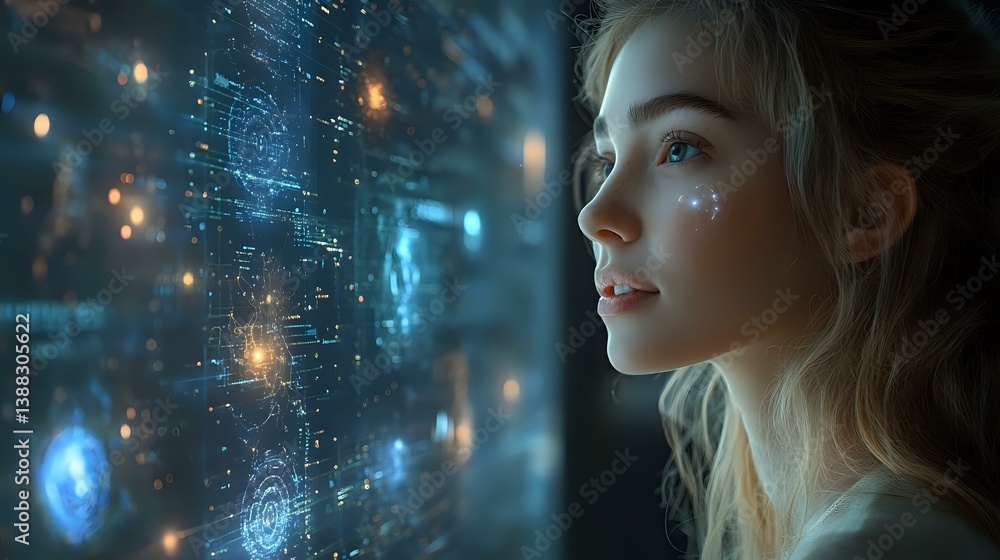 Young Asian woman looking at futuristic holographic interface with glowing data visualization and digital elements in dark environment with blue technological glow. Young Asian woman looking at futuristic holographic interface with glowing data visualization and digital elements in dark environment with blue technological glow.