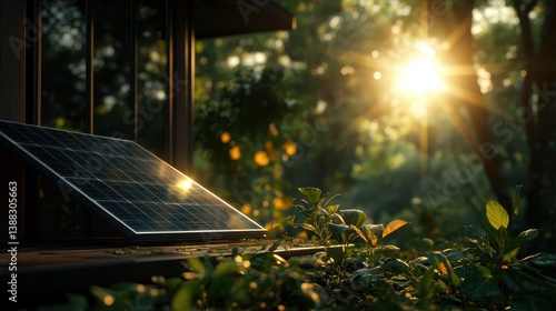 A close-up view of a solar panel reflecting sunlight amidst lush greenery, symbolizing sustainability and the harmony between technology and nature.