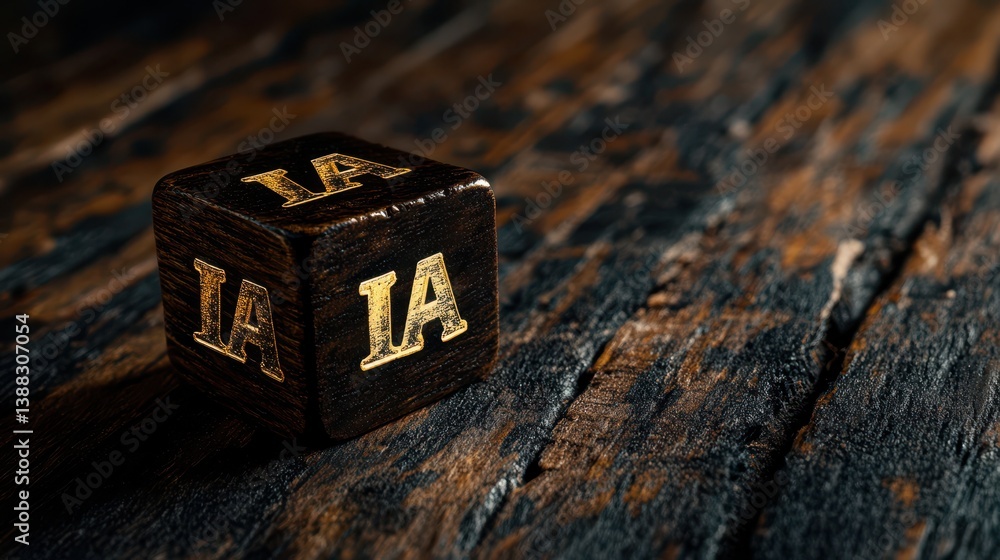 Obraz premium A solitary wooden die with elegantly engraved letters 'IA', resting on a richly textured rustic wooden surface highlighting its intricate design.