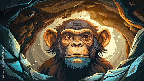 Monkey portrait glowing cave illuminated by natural skylight, A deep underground atmosphere with damp stone walls and mystery, funny portrait monkey banner