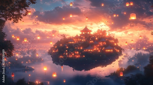 A floating island suspended in an endless twilight sky, glowing lanterns drifting gently in the breeze, soft ambient lights illuminating a small peaceful village,