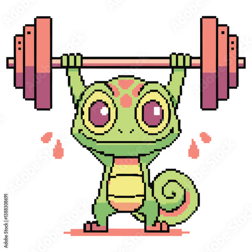 Pixel Art Style Lizard Lifting Weights on White Background, Retro Gaming Concept