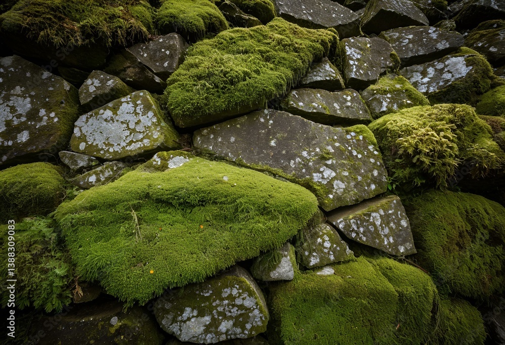 A pile of rocks covered in green moss and lichen. A pile of rocks covered in green moss and lichen.