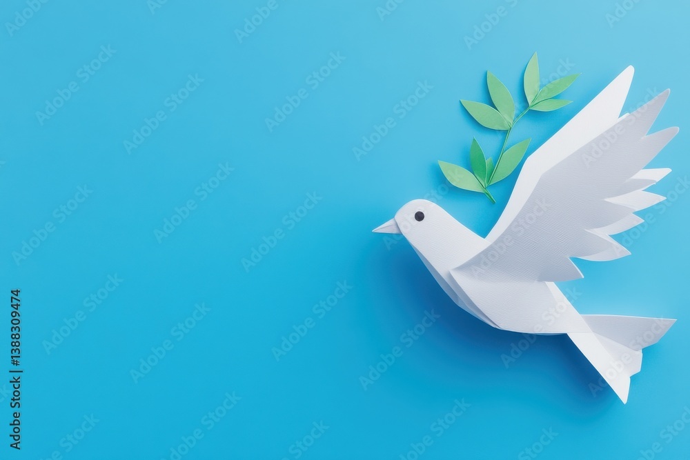 The image features a paper origami dove of peace holding an olive branch set against a blue background The image features a paper origami dove of peace holding an olive branch set against a blue background