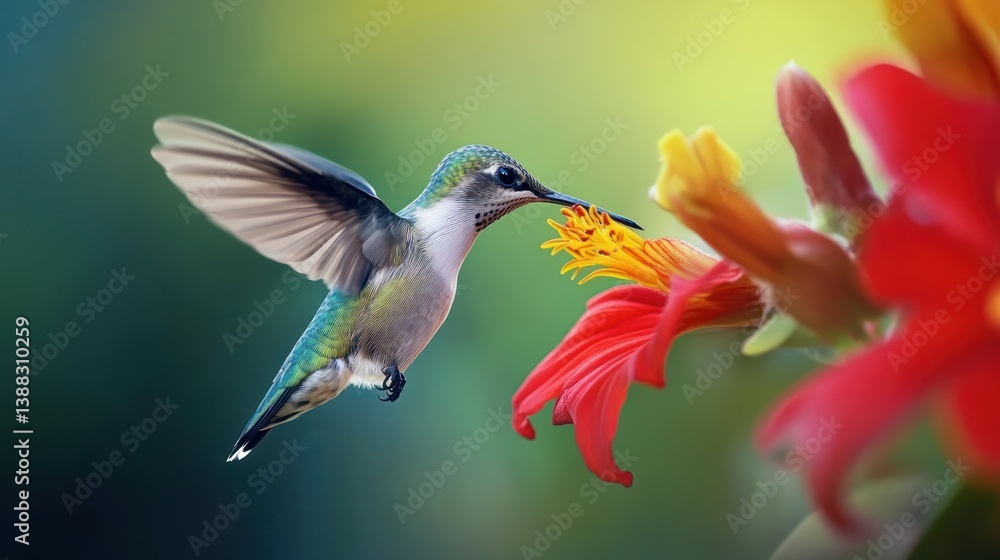 A hummingbird feeding from a vibrant red flower, frozen in motion --ar 16:9 --v 6.1 Job ID: 339406a4-7eaa-4f91-adbc-7b7185aafaf0 A hummingbird feeding from a vibrant red flower, frozen in motion --ar 16:9 --v 6.1 Job ID: 339406a4-7eaa-4f91-adbc-7b7185aafaf0