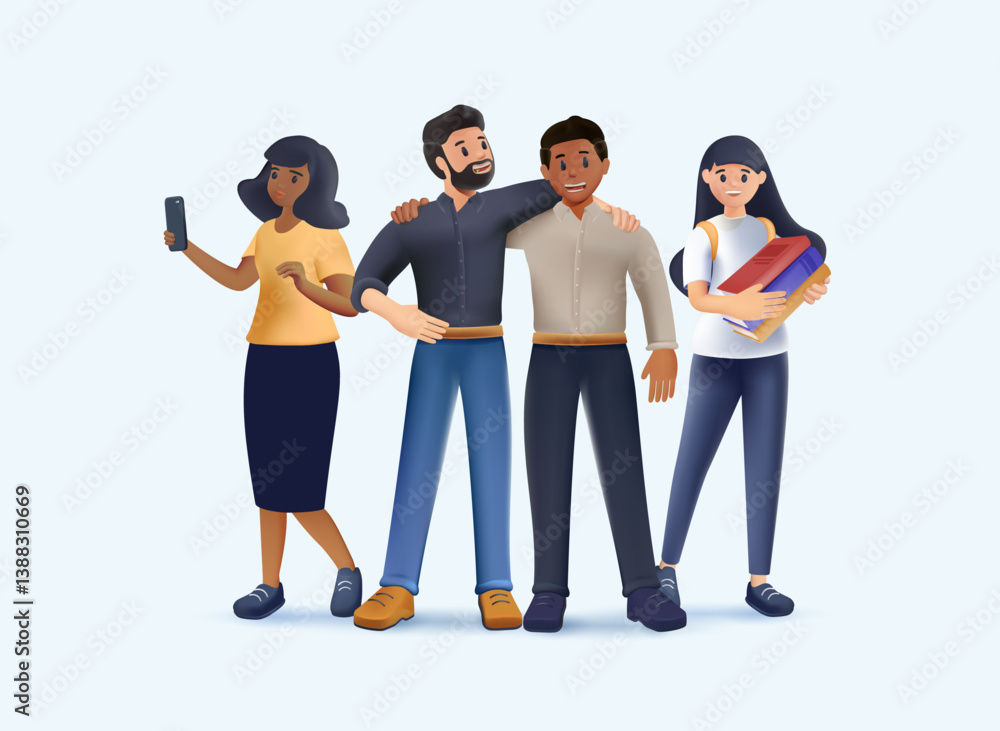 Obraz premium Happy teenagers and students 3D. Group of friends character are laughing and talking. Stylish smiling boys and girls