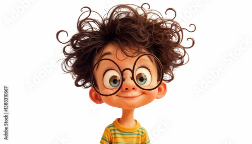 Adorable Cartoon Child with Round Glasses and Curly Brown Hair in Playful Style no background