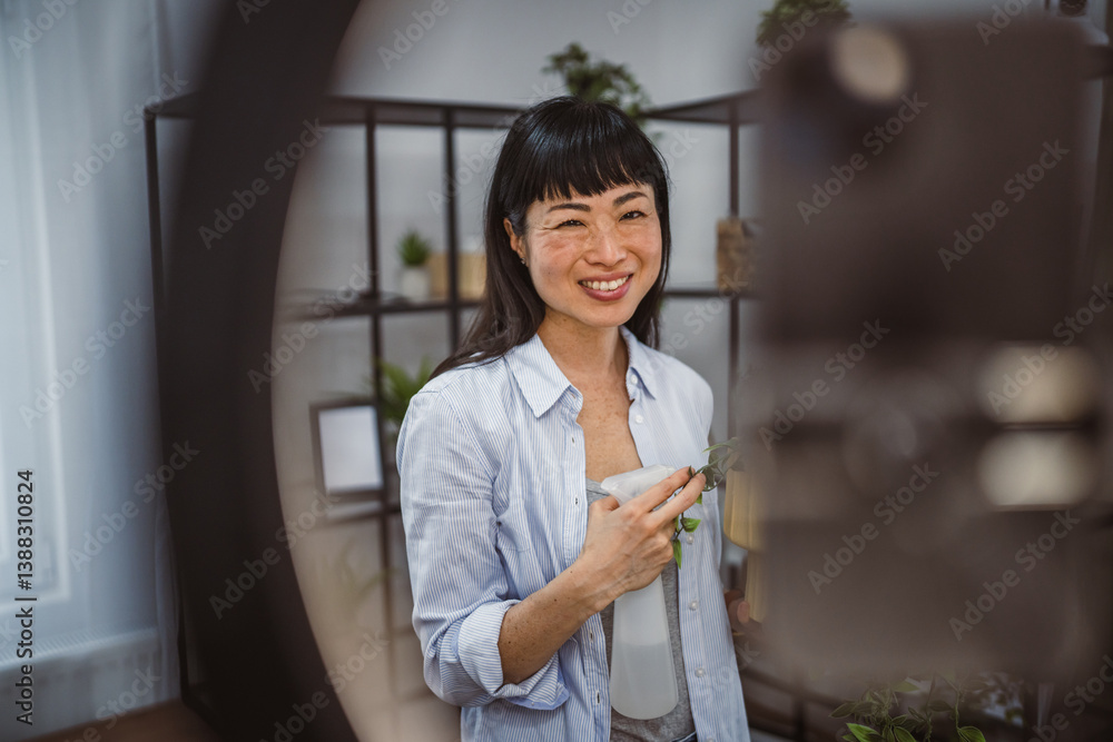 Japanese woman use mobile phone for live stream about home plants Japanese woman use mobile phone for live stream about home plants