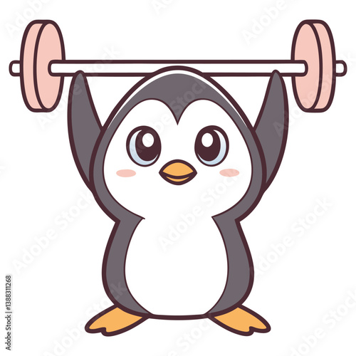 Cartoon Penguin Lifting Weight With Open Eyes on Transparent Background