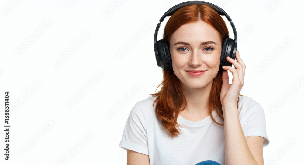 A woman wearing noise-canceling headphones, smiling and looking relaxed, isolated on a white background