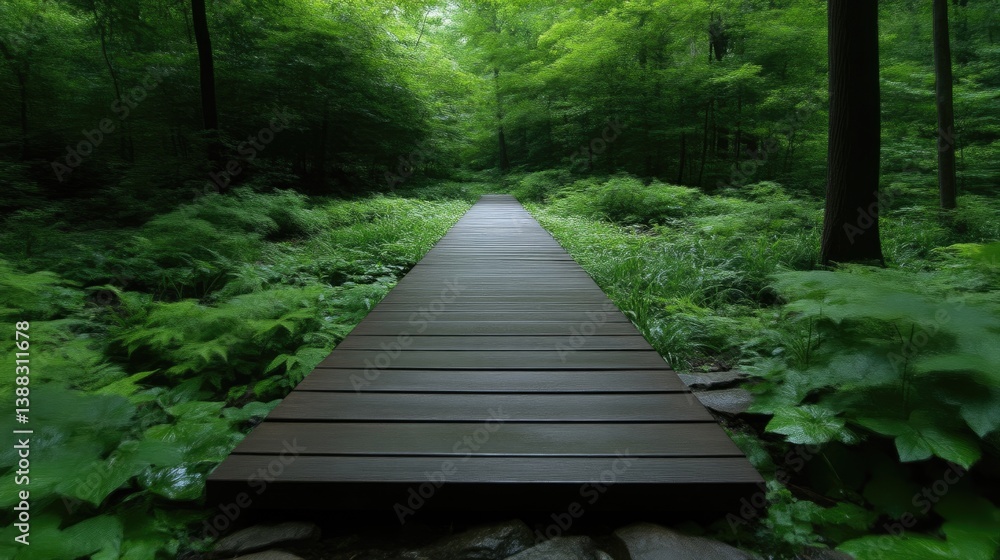 Wooden path in lush forest Wooden path in lush forest