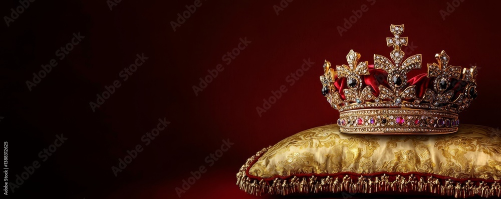 Obraz premium Royal Crown on Gold Cushion Dark Red Background, Close-Up Composition, Royalty Concept Royal Crown,Luxury Crown