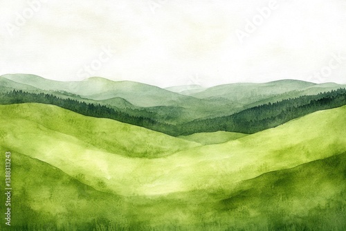A watercolor painting depicting rolling green hills and distant mountains