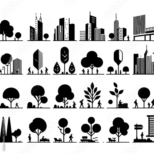 Silhouettes of people and trees against an urban skyline with buildings and factories, symbolizing industry and pollution in a simple, black vector illustration