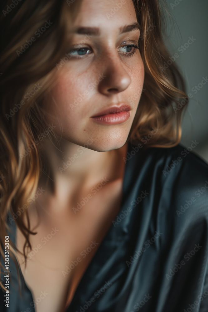A close-up portrait captures a woman with fair skin, freckles, and wavy, light-brown hair. She gazes away with a contemplative expression. The soft lighting enhances the intimate and natural setting. A close-up portrait captures a woman with fair skin, freckles, and wavy, light-brown hair. She gazes away with a contemplative expression. The soft lighting enhances the intimate and natural setting.