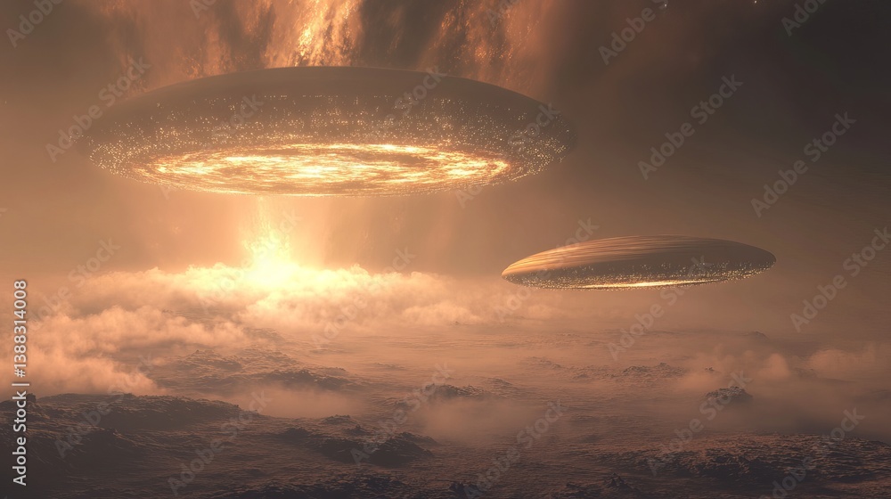 Two ufo spaceships hovering over a landscape with a bright light source in the background Two ufo spaceships hovering over a landscape with a bright light source in the background