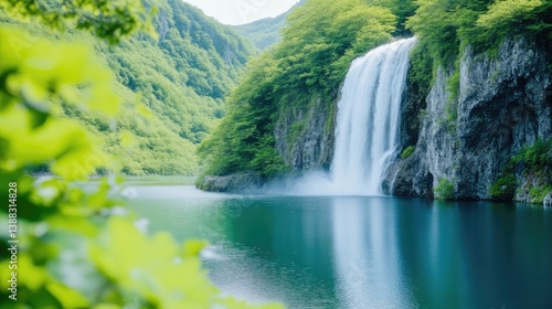 A serene waterfall cascades into a tranquil turquoise lake. Lush green foliage frames the scene, creating a vibrant contrast. The image is high-resolution, with natural lighting enhancing the details