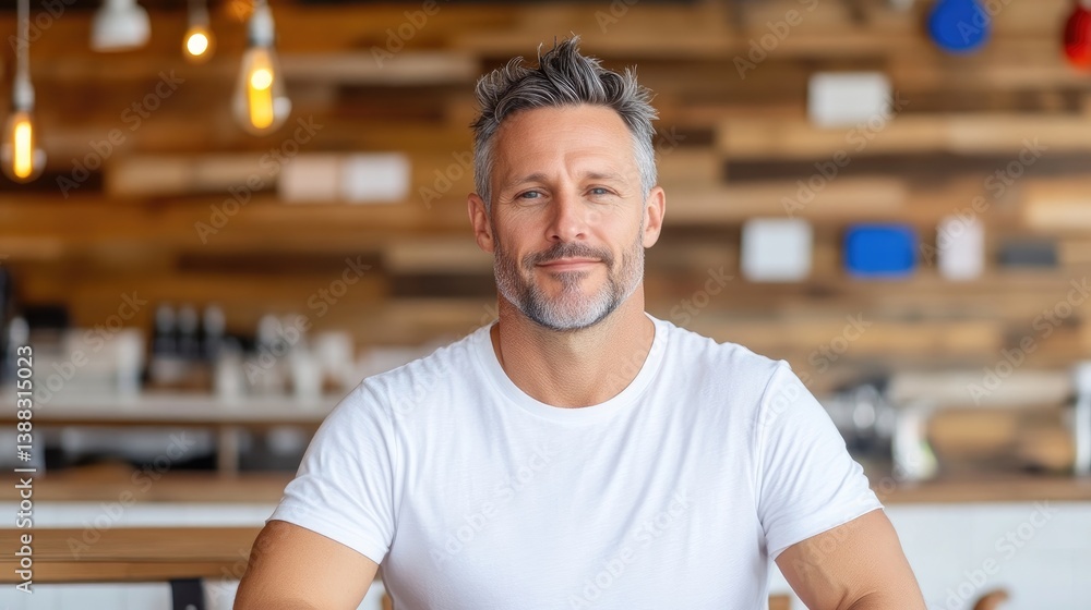 Man in white shirt Casual relaxed style High quality natural lighting Portrait close-up view Smiling confident expression Coffee shop background Warm neutral tones Ideal for professional profiles Man in white shirt Casual relaxed style High quality natural lighting Portrait close-up view Smiling confident expression Coffee shop background Warm neutral tones Ideal for professional profiles