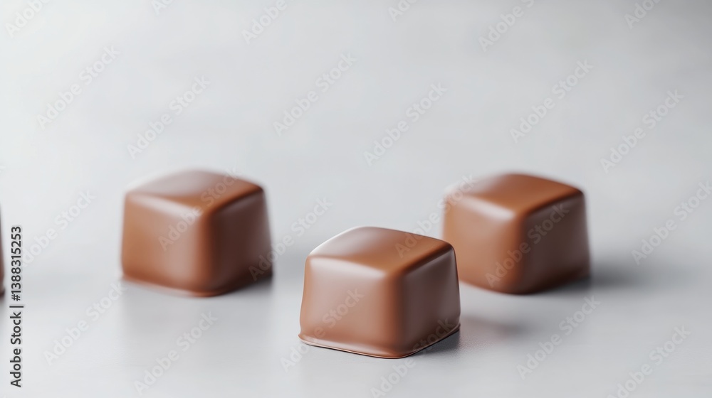 Four pieces of gourmet chocolate cubes neatly arranged on a clean white surface, showcasing rich brown color, minimalist composition, and food photography. Four pieces of gourmet chocolate cubes neatly arranged on a clean white surface, showcasing rich brown color, minimalist composition, and food photography.