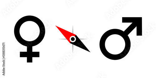 Compass showing sexual orientation. Being homosexual, heterosexual, bisexual or asexual. Attraction and prefering man and male or woman and female for sex. Vector illustration isolated on white.