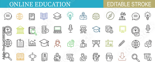   Editable stroke line icons set for online education, virtual learning, digital classroom, and remote