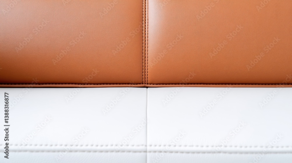 The image shows a close-up of a two-toned leather surface. The top section is a warm, light brown, while the bottom is off-white. Both sections are smooth with subtle stitching. The lighting is even The image shows a close-up of a two-toned leather surface. The top section is a warm, light brown, while the bottom is off-white. Both sections are smooth with subtle stitching. The lighting is even