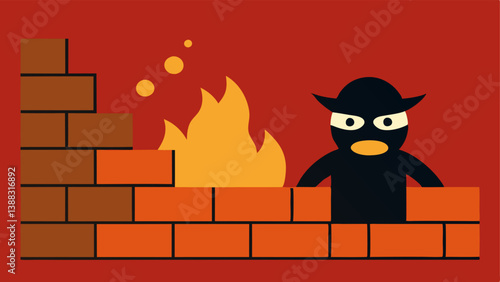 Firewall Barrier A brick wall with flames representing a firewall but a figure with a mask is sneaking around it trying to find a weak point to access personal data.