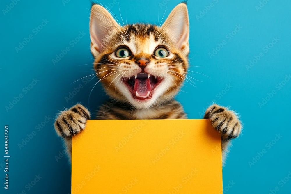 Pet advertising shot. Isolated baby feline on a solid clothing rblue background. Pet ad layout. Sweet pet for campaign. Сute cat balinese hold in front paws a concept - large yellow alley sig. Pet advertising shot. Isolated baby feline on a solid clothing rblue background. Pet ad layout. Sweet pet for campaign. Сute cat balinese hold in front paws a concept - large yellow alley sig.