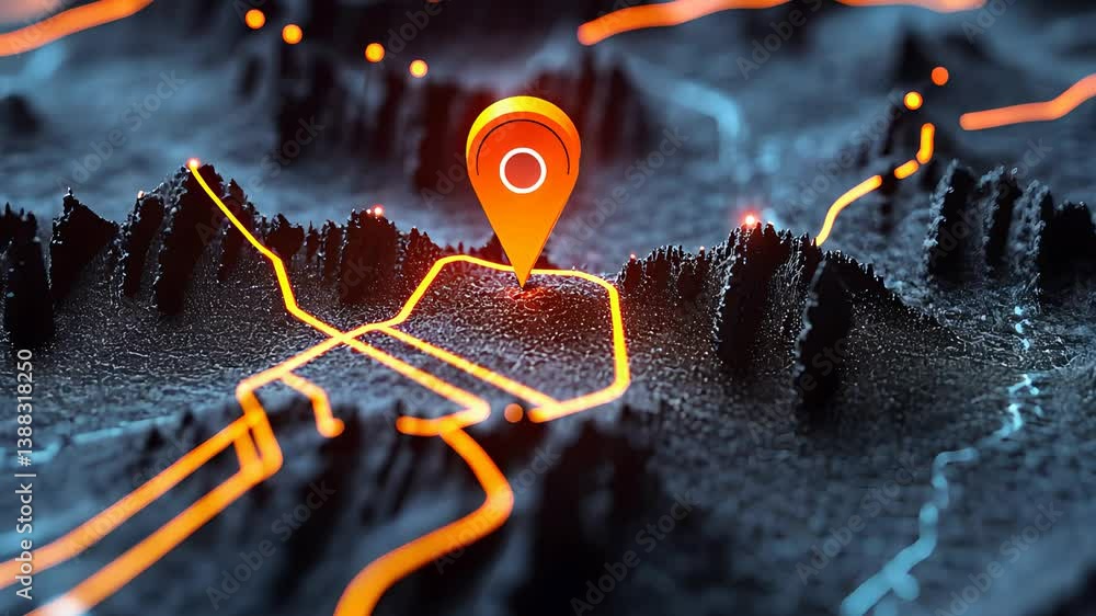 GPS Location Pin on Terrain Map with Glowing Pathway and Digital Lines ...