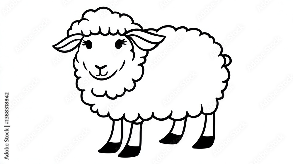 Cute cartoon sheep, simple line art, white background. Suitable for children's books or educational materials Cute cartoon sheep, simple line art, white background. Suitable for children's books or educational materials