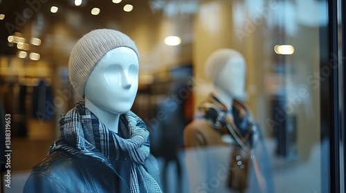 A mannequin wearing a hat and scarf displayed in a shop window with blurred background and reflections
