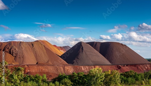 mountains of iron ore stand ready for processing as naturers beauty surrounds them