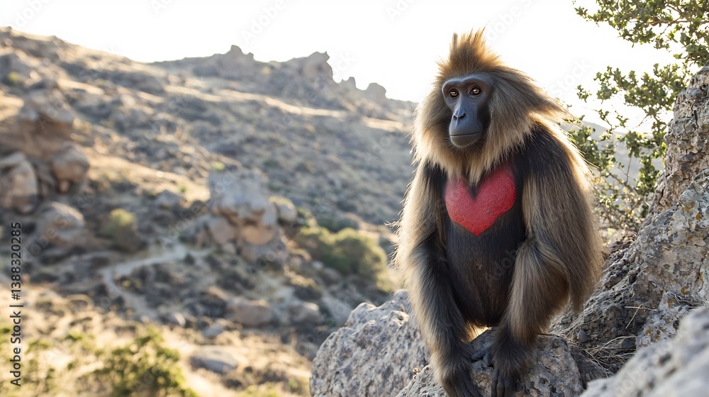 Naklejka premium Geladas crimson chest patch focus grazing on Ethiopian cliffs primate uniqueness