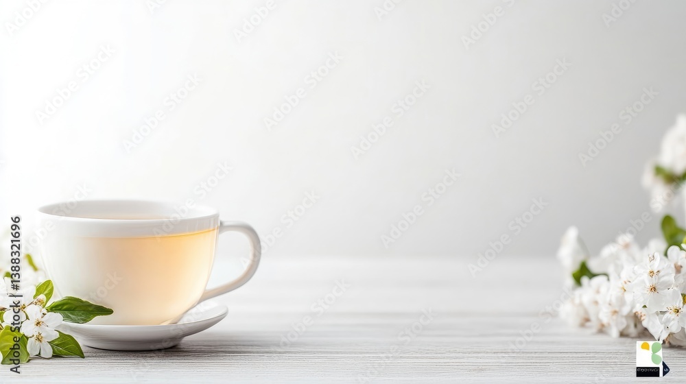 A white teacup filled with light tea sits on a saucer. White blossoms flank it on a light wood surface. The image is high-resolution with soft, natural lighting. The style is minimalist and serene. A white teacup filled with light tea sits on a saucer. White blossoms flank it on a light wood surface. The image is high-resolution with soft, natural lighting. The style is minimalist and serene.