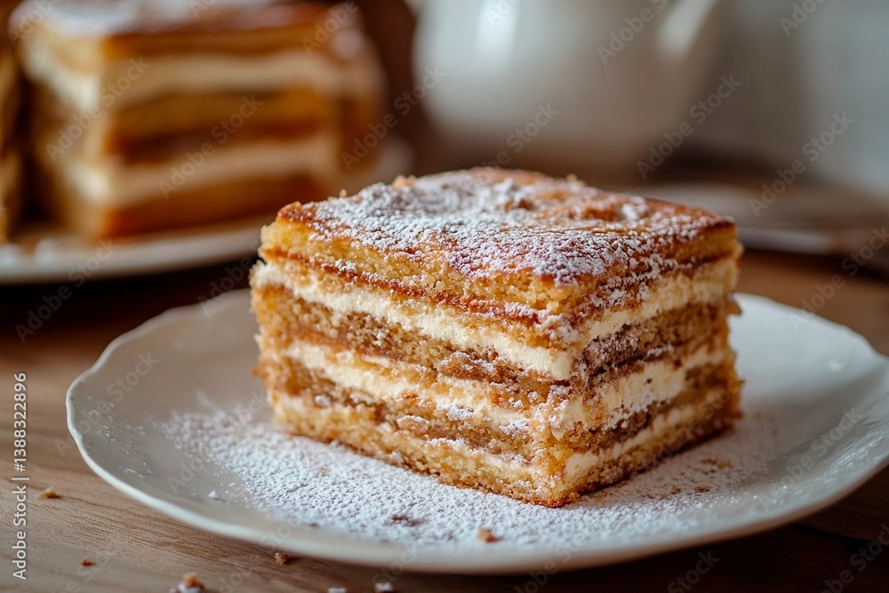 Layers of creamy filling and cake are dusted with powdered sugar on a plate in a warm kitchen, perfect for an afternoon gathering or special occasion Layers of creamy filling and cake are dusted with powdered sugar on a plate in a warm kitchen, perfect for an afternoon gathering or special occasion