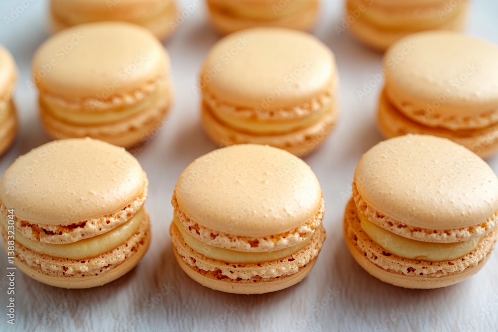 Rows of perfectly baked almond macarons in pale yellow are displayed on a white surface. Their smooth shells and creamy filling highlight the artistry of pastry making Rows of perfectly baked almond macarons in pale yellow are displayed on a white surface. Their smooth shells and creamy filling highlight the artistry of pastry making