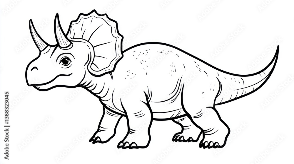 Fototapeta premium Cute Triceratops Coloring Page, Educational Illustration, Black and White, Printable Drawing