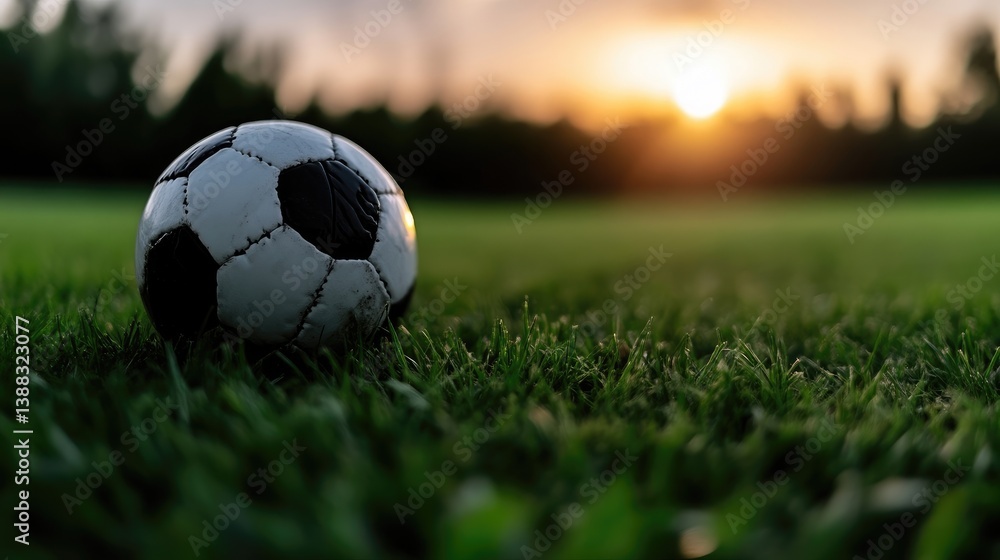 Fototapeta premium Soccer ball on a grassy field at sunset