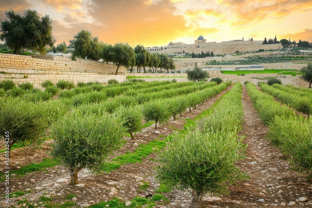 Naklejka premium A stunning view of the Old City Jerusalem with the Dome of the Rock, the Mercy Gate, and St Stephen's Gate is visible from the Mount of Olives, where olive trees are situated in the foreground, all