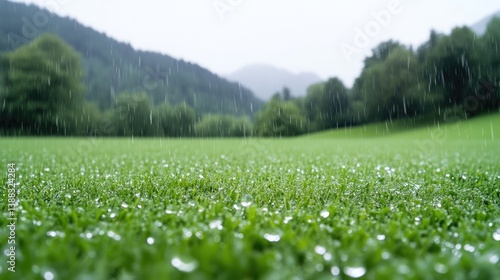 Rain falls on a lush green field. The background shows a softly blurred landscape of trees and mountains. The image is sharp in the foreground, with a shallow depth of field. It features cool, calmi