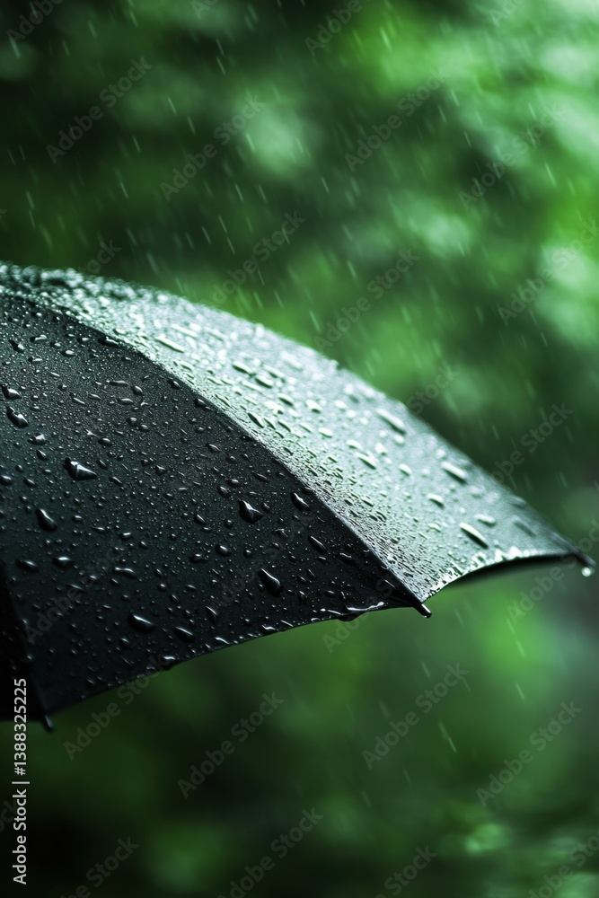 Closeup view of umbrella in rain in Spring