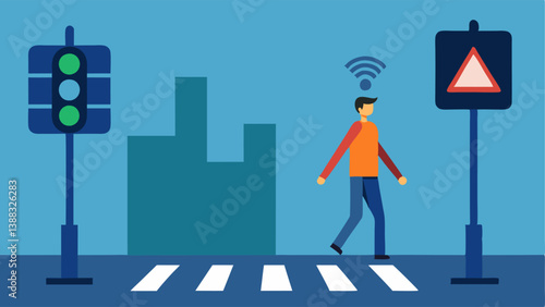Pedestrian Safe Zones An AI system recognizing pedestrians through sensors illustrated by a traffic light that pauses vehicular movement for increased pedestrian safety.