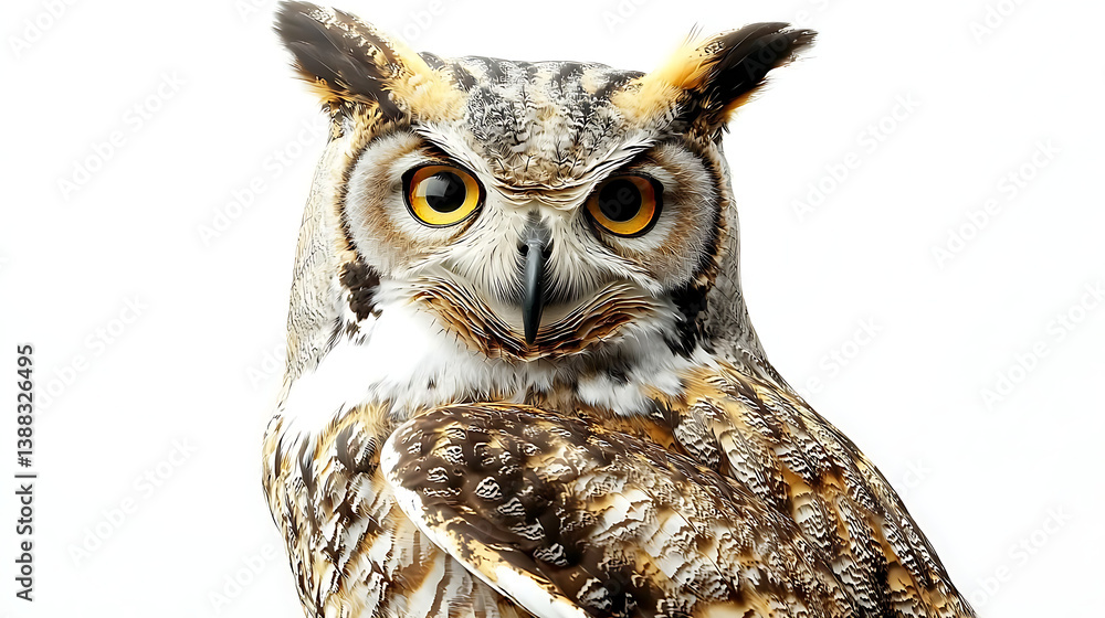 A large owl with yellow eyes is standing on a white background. Generated using AI. A large owl with yellow eyes is standing on a white background. Generated using AI.