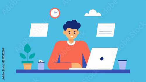 Creating Course Outlines A content creator sitting at a large table filled with papers utilizing a laptop to structure the outline of an online course.