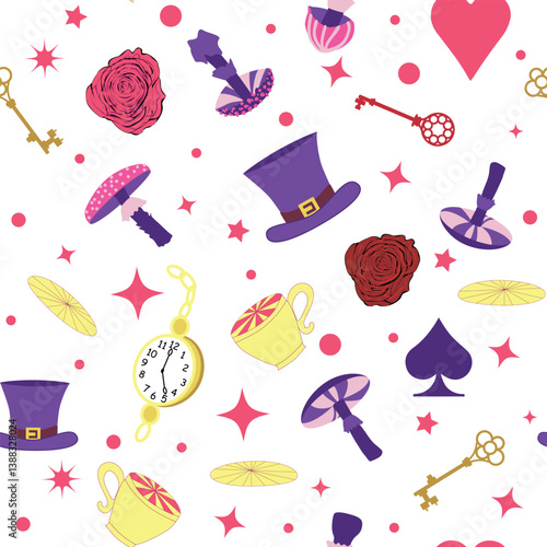 Wonderland pattern elements roses, rabbit, Cheshire cat, flamingo cards hat cup and mushrooms and clock