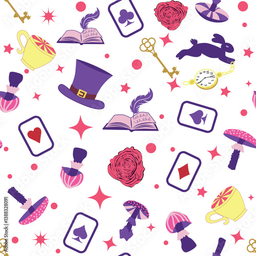 Wonderland pattern elements roses, rabbit, Cheshire cat, flamingo cards hat cup and mushrooms and clock