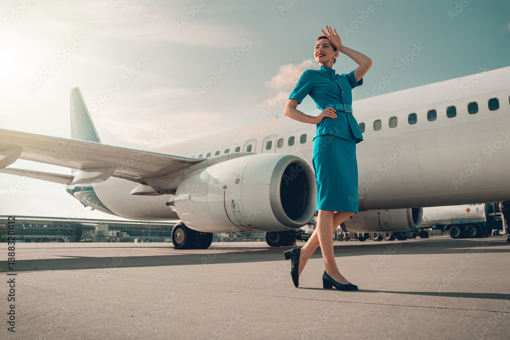A confident and stylish flight attendant poses elegantly beside a sleek and modern airplane in the daylight A confident and stylish flight attendant poses elegantly beside a sleek and modern airplane in the daylight