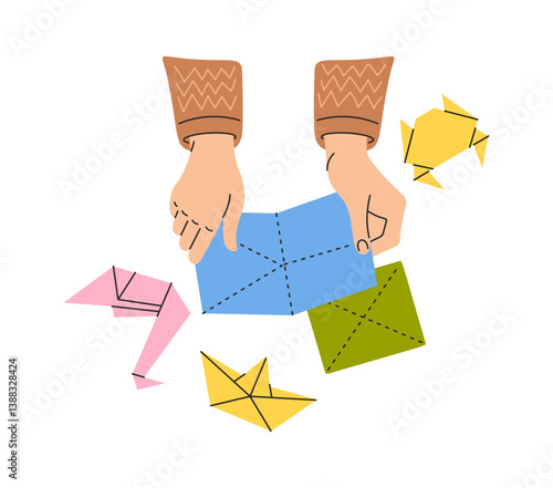 Hand-drawn hands making paper origami