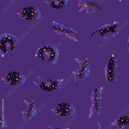 Mystical seamless pattern of cats in boho style, silhouette collection. Esotericism and mysticism, occultism. Cartoon flat vector illustrations, isolated
